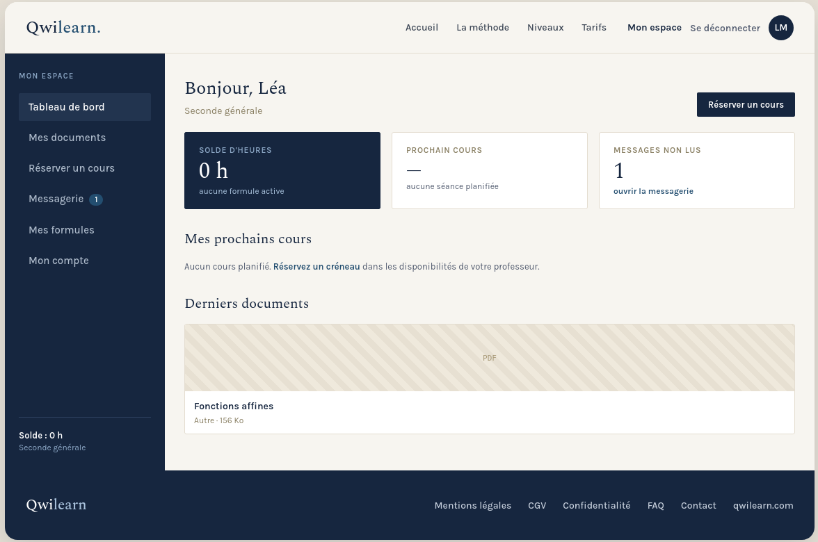 Tableau de bord de l'espace élève Qwilearn