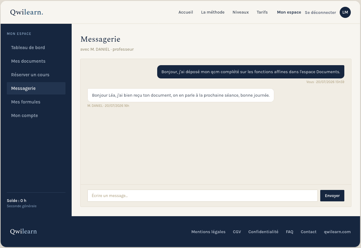 Messagerie de l'espace élève Qwilearn