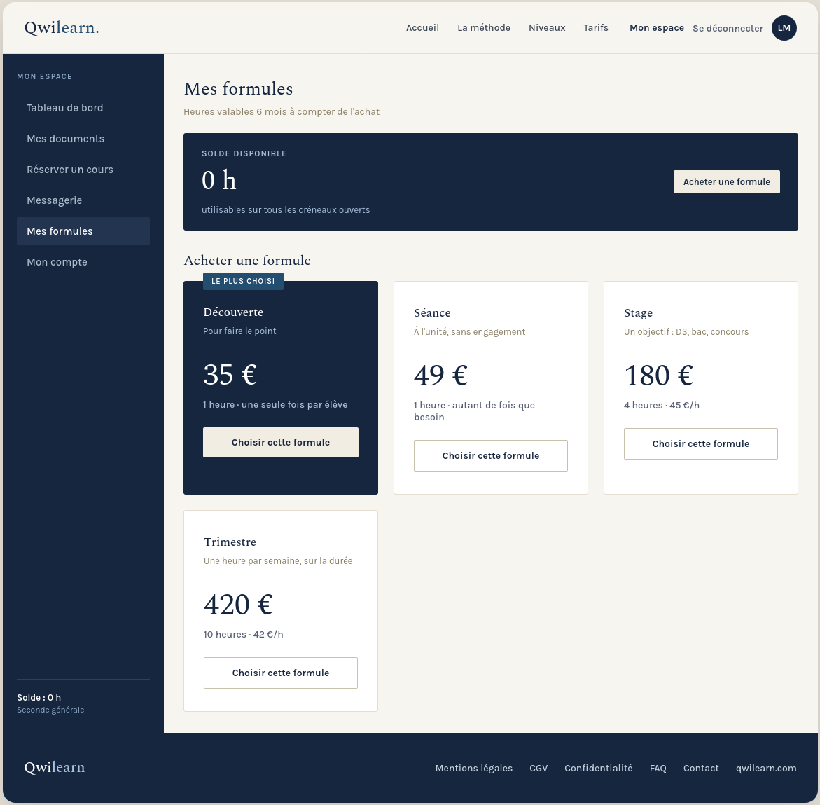 Formules de l'espace élève Qwilearn