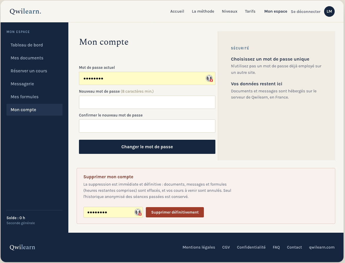 Page Mon compte de l'espace élève Qwilearn